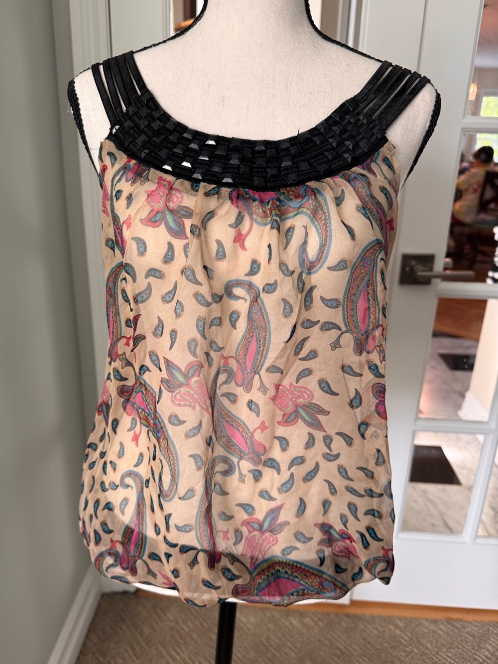 Y2K VTG Sheer Paisley Top L Beige Chiffon Black Embellished Neckline Festival